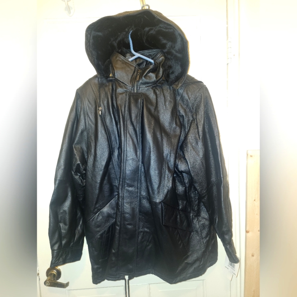 Croft&Barrow XL Black Leather Coat Parka W/Faux Fur Zip-out Hood Lining NWT@$225